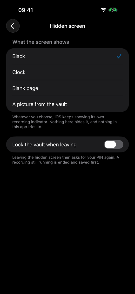 Einstellungen für den verborgenen Bildschirm: schwarz, Uhr, leere Seite oder ein Bild aus dem Tresor, mit dem Hinweis, dass die Aufnahmeanzeige von iOS sichtbar bleibt.